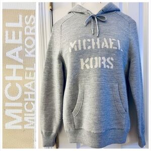 Michael Kors Heather Gray/Cream Hoodie merino wool, knit logo, women’s XS NWOT